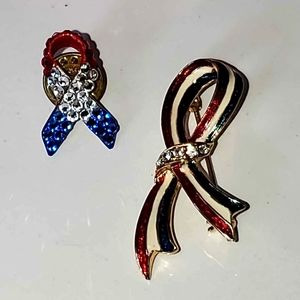 Two USA Red White & Blue Awareness Ribbon Brooches Pins American Proud